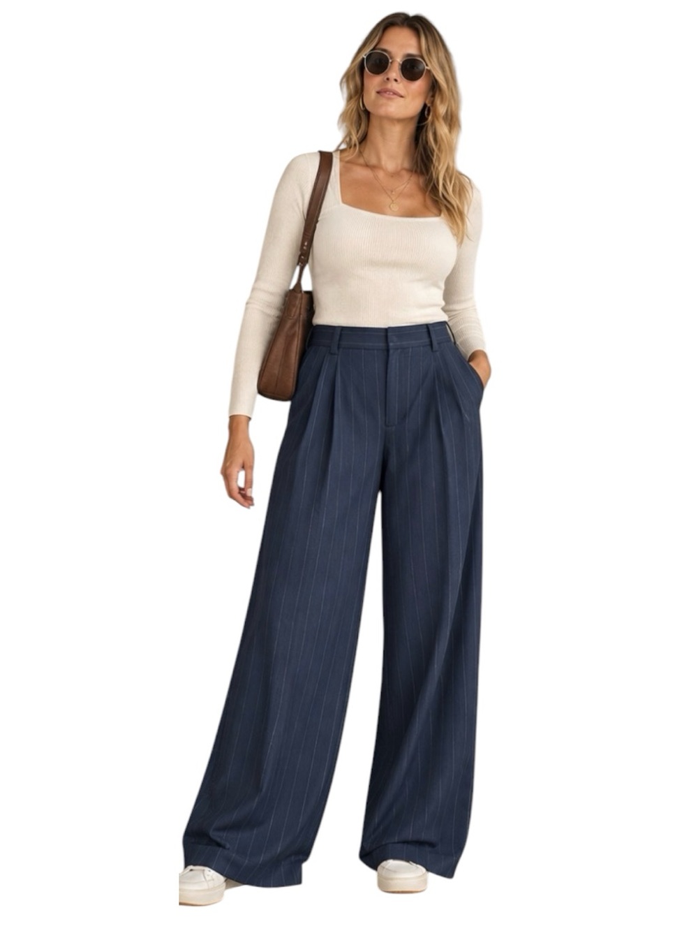 Maeve Anthropologie Navy Pinstripe Pleated Wide Leg Pants Size 12 P Menswear